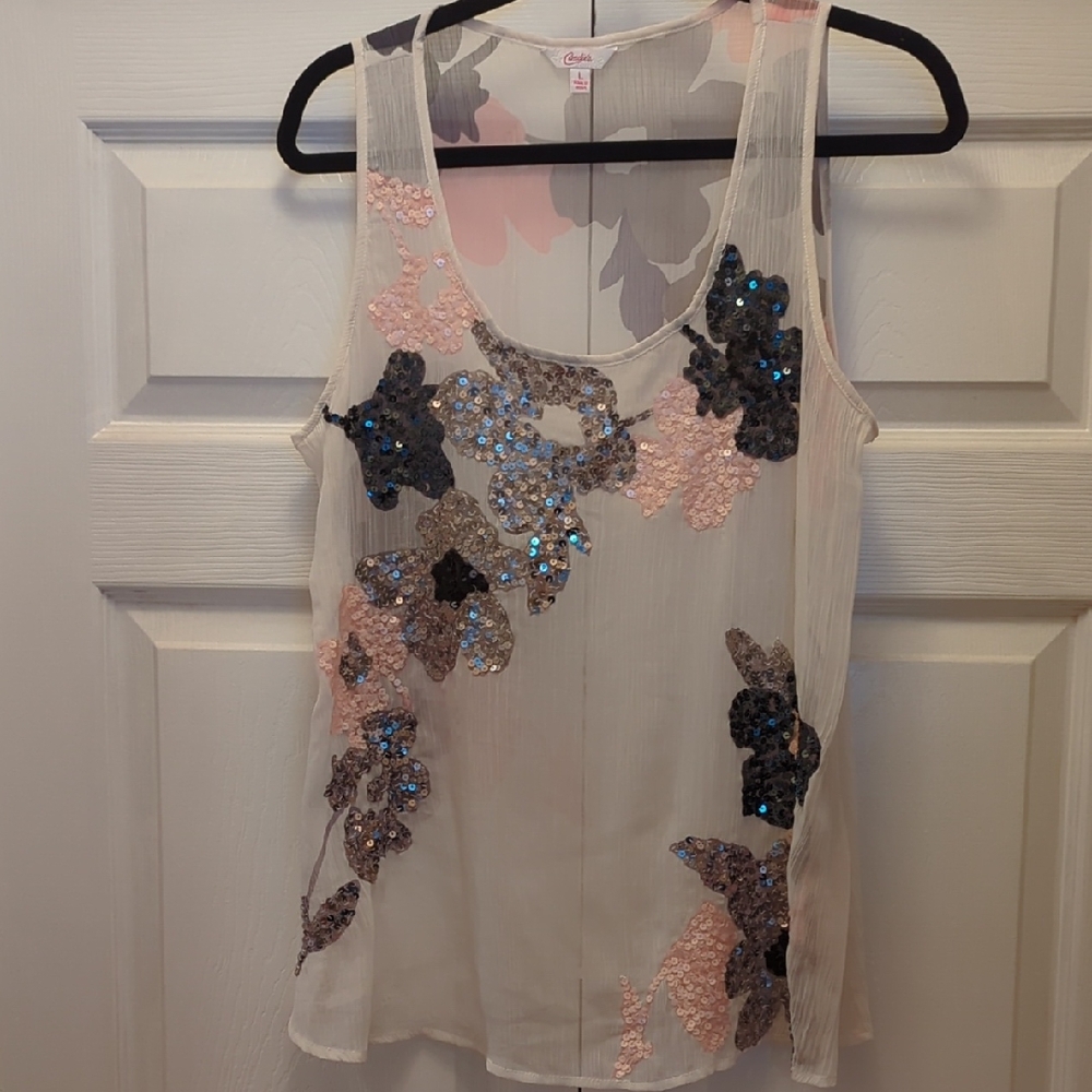 Candie's Sequin Floral Tank Top - Cream and Pink